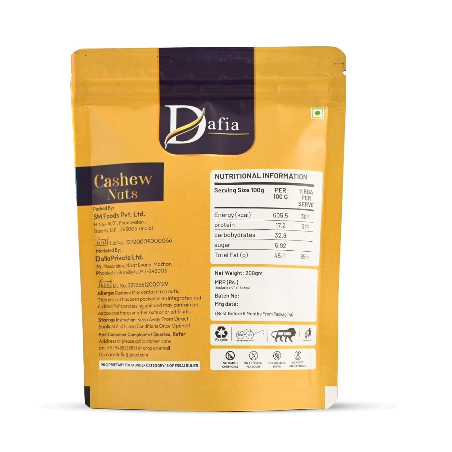 Dafia Whole Cashew Nuts 200gX5 (1 Kg)